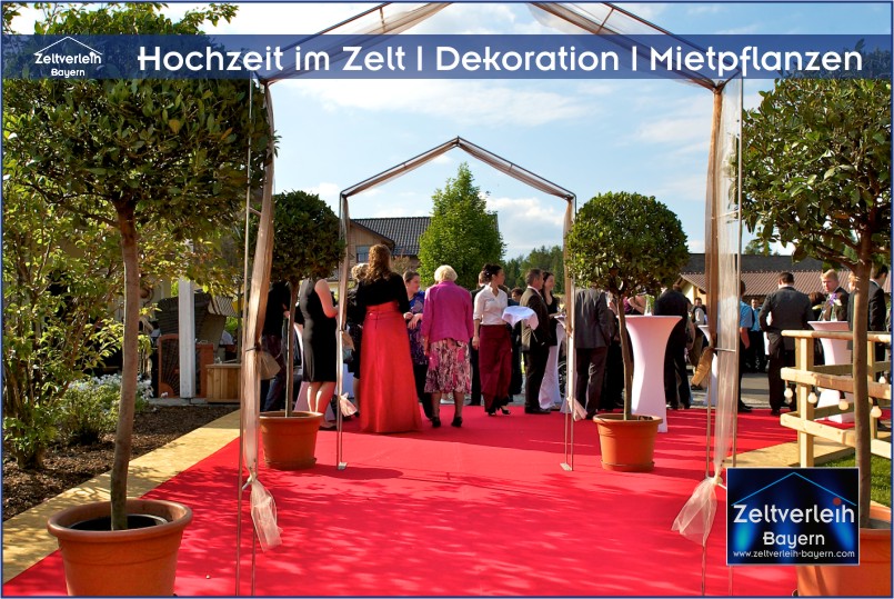 Mietpflanzen - Stehtische - Holzterrasse - Dekozaun Hochzeit im Zelt von Zeltverleih Oberbayern